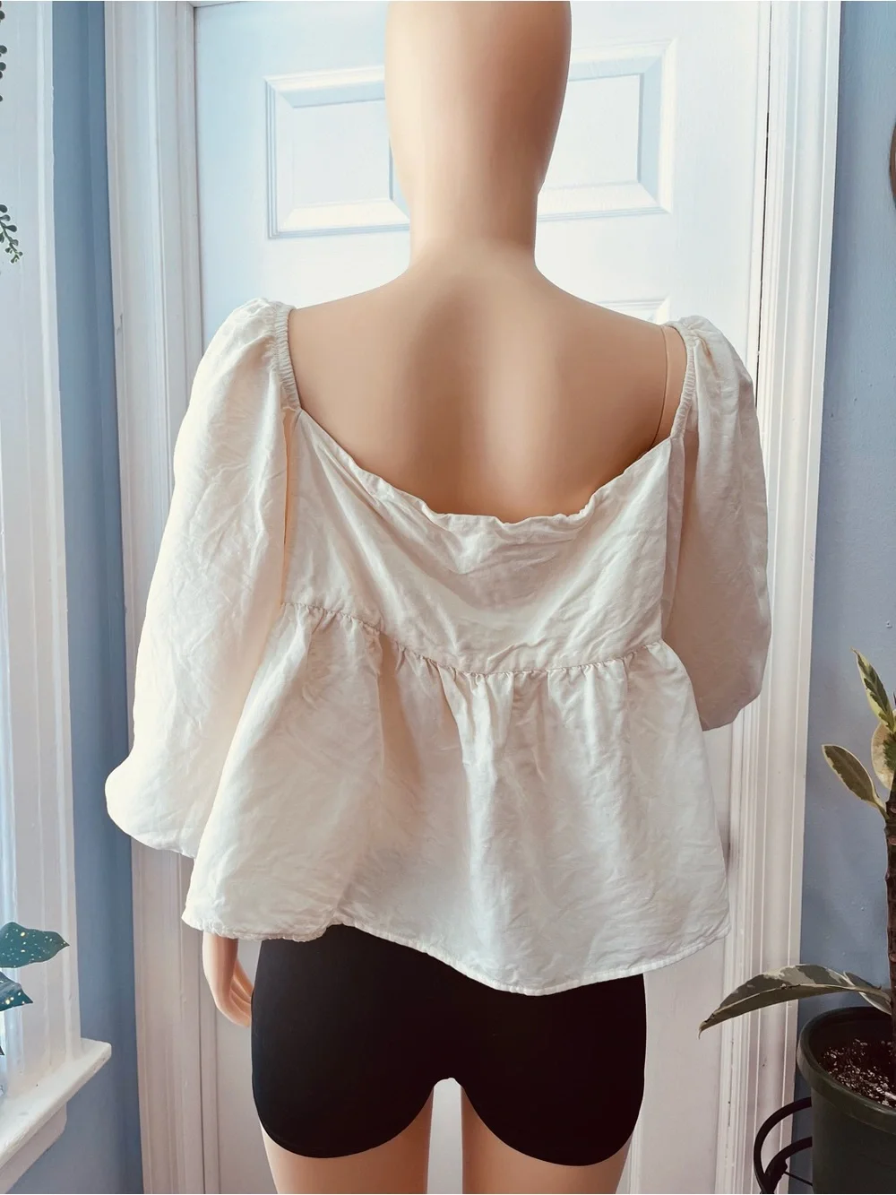 Anthropologie Cream Crochet Yoke Puff-Sleeve Blouse